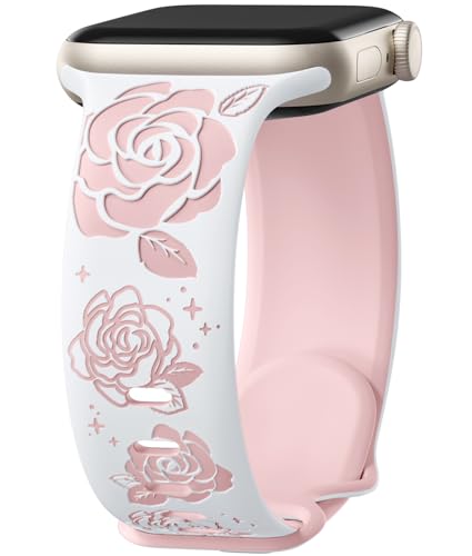 Adorve - Adorve Floral Engraved Bands Compatible with Apple Watch Band 40mm 41mm 38mm 44mm 45mm 49mm 42mm Women, Soft Silicone Dual-color Sport Apple Watch Strap for iWatch Series 9 8 7 6 5 4 3 2 1 SE Ultra