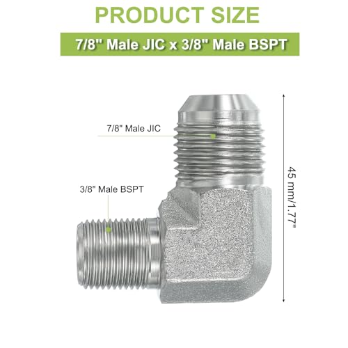 Image of PATIKIL 90 Degree Pipe Adapter, 7 /8 inch Male 37 Flare JIC x 3 /8 inch BSPT Male Connector Carbon Steel Elbow Fitting for Air Hydraulic Fluid Fuel Water Oil, Silver