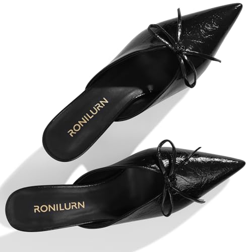 Image of Kitten Heels for Women Heeled Mules Stiletto Pumps Bow Closed Toe Pointed Toe Low Heel Slip on Fashion Metallic Backless Prom Party Dressy