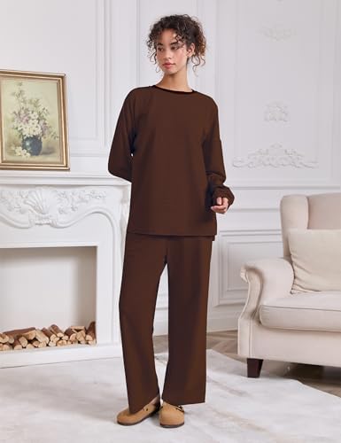 Image of MISSACTIVER Women's 2 Piece Striped Lounge Set Long Sleeve Oversized T-Shirt Wide Leg Pants Matching Pajamas Set