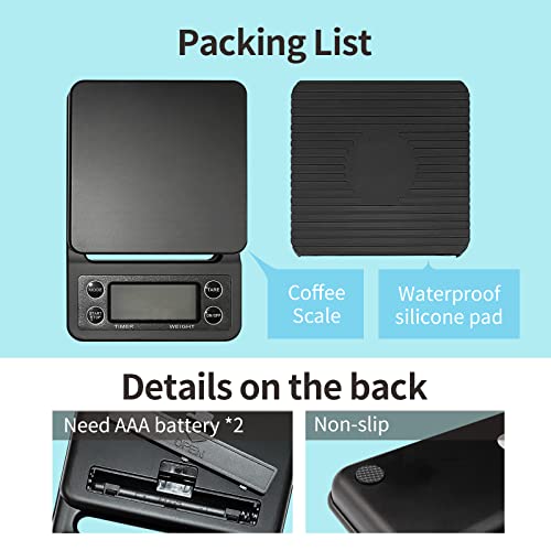 Barlunbee Coffee Scale With Timer,Digital Kitchen Scale Weighing For Food,Espresso And Drink,3000G 0.1G,Tare Function,Auto Off,5 Units,Black #TOP5