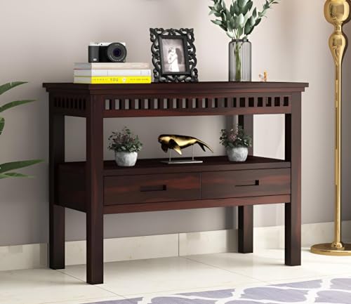 Image of Sheesham Wood Console Table for Living Room | Solid Wood Entryway Hallway Sofa & Fish Tank Table with 2 Drawers & Shelf Storage | Rosewood Walnut Finish
