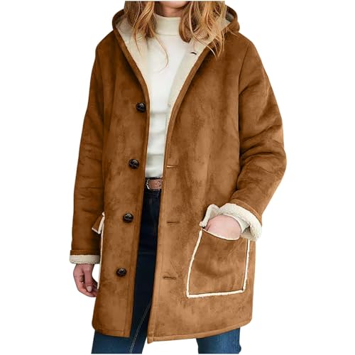 HOTYD Womens Faux Suede Warm Winter Coats with Fuzzy Cuffs Button Open Front Hooded Jacket Fleece Lined Pea Coat with Pocket