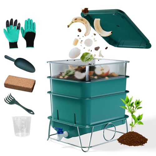 HCGADON 3-Tray 15L Worm Farm Composting Bin with Tool Set - Efficient Indoor/Outdoor Composter for Organic Waste Recycling, Beginner-Friendly Kit for Healthier Plants (Green)