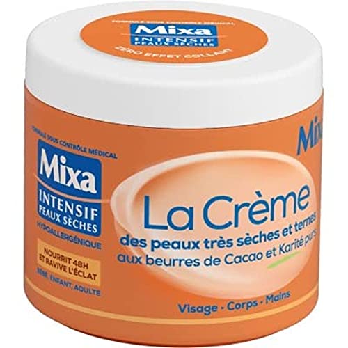 Mixa Intensif Peaux Sèches - La Crème des Peaux Très Sèches et Ternes - Multi Usages Visage, Corps, Mains, Pieds - Nourrit 48h et Ravive l'Éclat - Pénétration Rapide - Hypoallergénique -  Pot 400 ml​