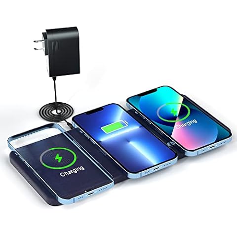 Qi Triple Wireless Charger Station,JE 3 Devices Multi Wireless Charging pad for iPhone11/11 Pro Max/XR/8 Plus/New Airpods,Galaxy S20/S10 Note 10 Series & All QI Enabled Phones (Blue) Cover