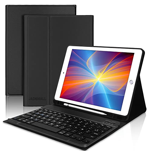 JADEMALL Étui Clavier pour iPad 9.7', iPad 6ème/5ème Génération-2018/2017, iPad Air 2/1, iPad Pro 9.7, Coque Clavier AZERTY Français Bluetooth Amovible avec Fente pour Stylo(Noir)