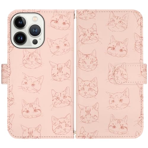 Advantage iPhone 15 Pro スマホケース 手帳型 iPhoneケース PUレザー ピンク ネコ パターン 猫