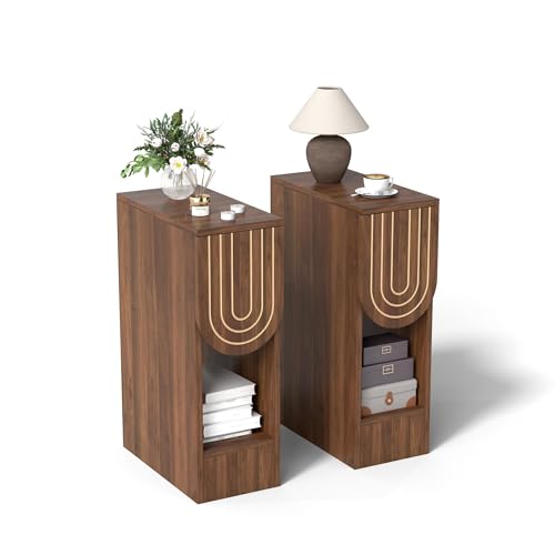 Henstatech Narrow Nightstand Set of 2 Wooden Skinny End Table Small Nightstand with Drawer Mid Century Slim Bedside Table Modern Narrow End Table for Bedroom Living Room Small Space (Walnut-2pcs)