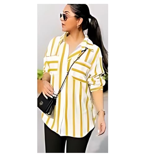Image of ROYALICA Women's Orange & White Striped Cotton Blend Oversized Casual Shirt