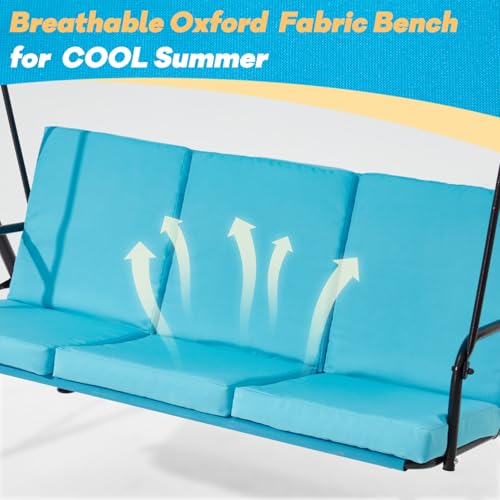 Image of 3 Seat Patio Swing, Outdoor Swing with Removable Cushions, Porch Swing with Adjustable Canopy for Backyard, Porch, Garden,Fabric Seat,(Lake Blue)