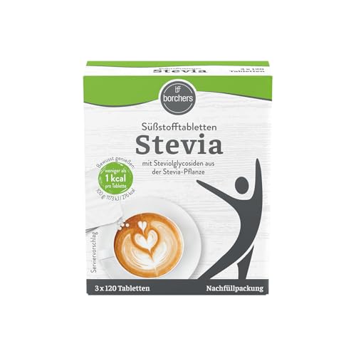 BORCHERS Stevia Süßstofftabletten Nachfüllpack Tafelsüße 3x 120 Tabletten Stevia-Zucker-Mischung kalorienarm praktischer Spender Süßungsmittel Zuckeralternative