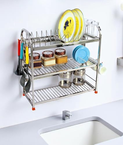 Image of AMOL Stainless Steel 3 Tier Dish Rack for Kitchen | Wall Mount & Countertop Plate Rack Organizer with Glass & Spoon Holder | Rust Proof Utensils Drying Stand (22 x 22 x 09 inches)