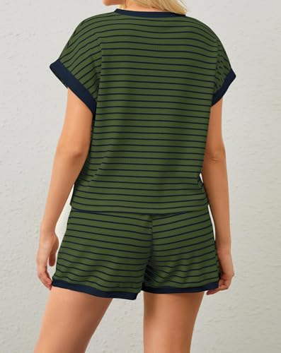Image of Burtell Women Summer 2 Piece Lounge Sets Striped Short Sleeve Tee Shirts Mini Shorts Loungewear Shorts Set Ribbed Pajama Set