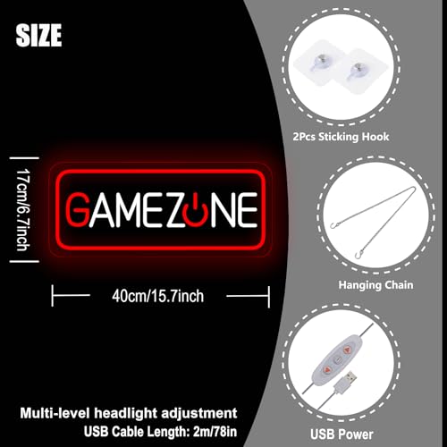 Image of GAMEZONE Neon Sign for Wall Decor - Red & White Led Neon Light for Gaming Room, Bedroom, Cool Game Zone Sign with Dimmable Switch, 15.7x6.7 inch, USB Powered Gaming Wall Art for Boys Room, Man Cave