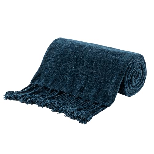 BATTILO HOME Navy Blue Chenille Throw Blanket for Couch, Soft Cozy Textured Knit Throw Blanket with...