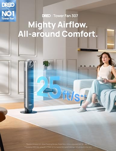 Image of DREO Bladeless Tower Fan - 25ft /s, 4 Speeds, 4 Modes, 90 Oscillation, 8H Timer, Ultra Quiet for Bedroom, Indoors, Silver (Tower Fan 307)
