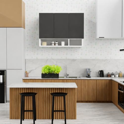 Image of 3 Door Multipurpose Wall Mounted Cabinet with Adjustable Shelf | Storage for Kitchen, Bathroom, Bedroom, Office & Living Room | Assembly-DIY | Color-White & Grey | Size-90x33x63.8 Cm