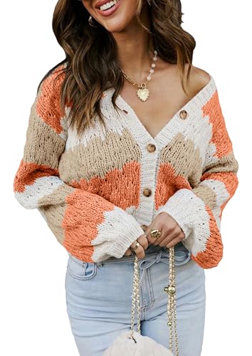 ECOWISH Women's Cropped Cardigan Sweaters 2025 Fall Striped Color Block Long Sleeve Button Up Knit Sweater Y2k Coats