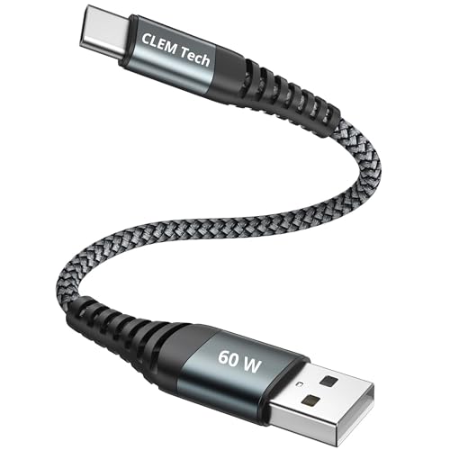CLEM Tech - Cable USB A vers USB C de 30cm 60W Gris - Cable Court Charge Rapide PD 60W - Compatible avec Ordinateurs Portables, Tablettes et Smartphones. Idéal Voiture, Bureau, Table de chevet..