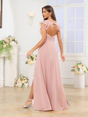 V Neck Chiffon Bridesmaid Dresses for Women Flutter Sleeve Evening Formal Dress with Slit2