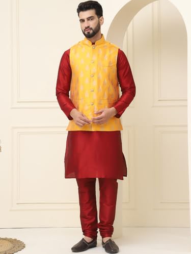 Image of SOJANYA (Since 1958 Men's Silk Blend Kurta Pyjama With Self Design Nehru Jacket