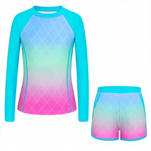 Image of Alakuoti Girls Rash Guard Swimsuit Two Piece Bathing Suit UPF 50+ Sun Protection Long Sleeve Swimwear 6-14 Years