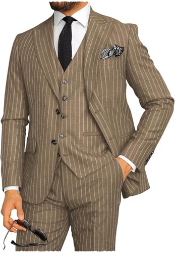 Mens Stripe Suit 3 Piece Slim Fit Business Halloween Christmas Prom Wedding Party Blazer Vest Pants Set