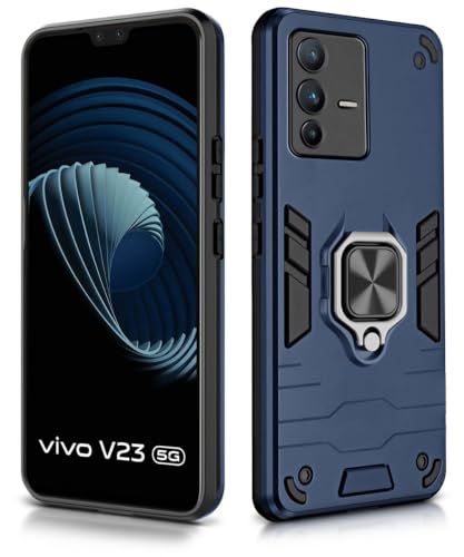 Image of WOW IMAGINE Shock Proof Back Case Mobile Cover for Vivo V23 | Back Cover Case (Tough Armor | Hybrid PC + TPU | Ring Holder & in-Built Kickstand | Blue)