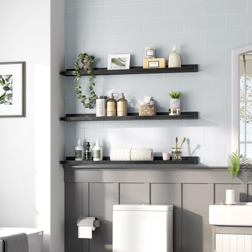 Image of HOOBRO Floating Shelves, Wall Shelf Set of 3, 35.4 Inches Hanging Shelf with Raised Edge and Invisible Brackets, for Bathroom, Bedroom, Kitchen, Office, Living Room Decor, Black BK90BJ01