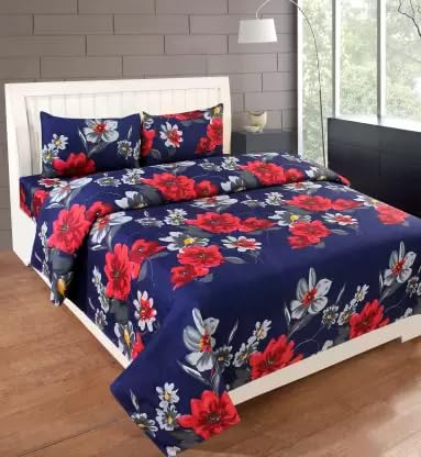 Image of DECORUM 3 D Polycotton Queen Size Bedsheet 90 X 90 Inch with 2 Pillow Cover (Blue Red Flower)