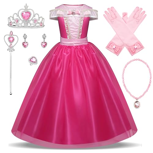 New front Disfraz Niña Princesa Aurora Vestido La Bella Durmiente Navidad Cumpleaños Largo Costume Diadema Varita Mágica Guantes Collar Traje Regalo Halloween Carnaval 3-8 Años,Rosa,120