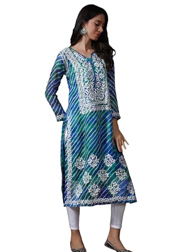 Image of Seva Chikan Hand Embroidered Lucknowi Chikankari Aqua Green Kota Women Kurta Kurti with Matching Slip (4047 Aqua Green XL)
