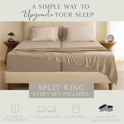 Image of KARISSA MAE 7 Piece Luxury Bamboo Viscose Split King Sheets, FSC Certified | Includes 2 Twin XL Fitted Sheets | Sleep Number & Adjustable Bed | Cooling | 18 inch Deep Pocket |4 Pillowcases [Wheat]