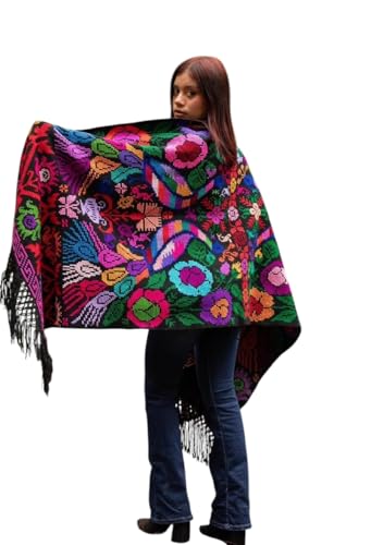 La Santa Art Mx Rebozo Mexicana Bordada. Rebozo Mexicano Tradicional. Rebozo Grande Floral. Bordado a Mano en Punto de Cruz. Rebozo Largo. Rebozo Elegante. (Black/peacock)