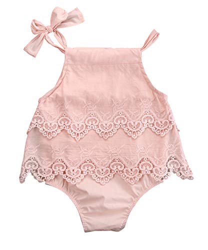 Newborn Baby Girl Romper Lace Floral Bodysuit Sleeveless Jumpsuit Outfit Ruffled Sunsuit 0-18M (0-3 Months, Pink)