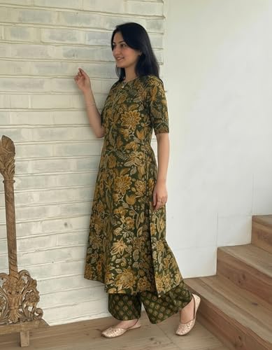 Image of ANNI Designer Women's Viscose Blend Straight Printed Kurta with Palazzo | Elbow Length Sleeve Kurti Set | Close Neck with Back Slit | Soft Comfortable Fabric | 2 Piece Outfit