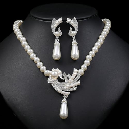 Conjuntos de joyas de diamantes de imitación con pendientes de perlas 2