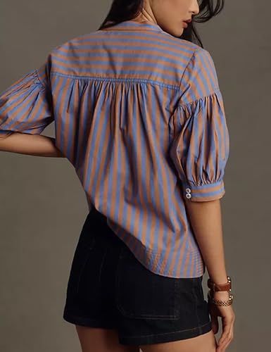 Womens Summer Pleated V Neck T Shirts Short Sleeve Casual Loose Blouses Striped Tunics Swing Top4