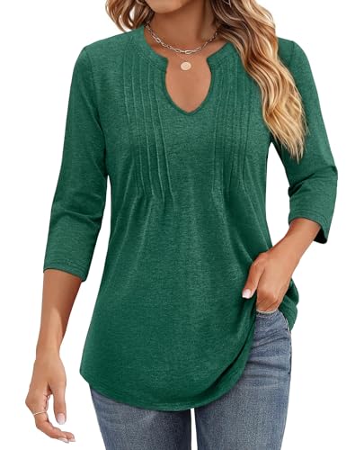Womens 3/4 Sleeve Tunic Tops Business Casual Blouses V Neck Pleated Front Shirts Dressy Casual Work Outfits