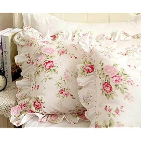 Kolachic Country Rose Roses Pink Floral Print Pillowcases Vintage Ruffles Bedding Pillow Covers Cotton Fabric Material Standard King Size Cover