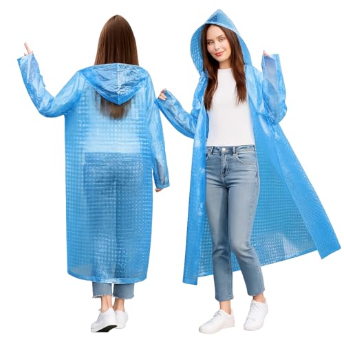 Image of HACER Hooded Raincoat for Women EVA Waterproof Full Length Long Sleeves Lightweight Rainwear with Hood for Adults Camping Hiking Trekking (Pack of 1, Blue, Free Size)
