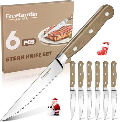 Freelander Steakmesser Set 6-teilig mit Wellenschliff und Ergonomischem Holzgriff, Scharfe Steakmesser für Schneiden von Steak und Fleisch, Ideal als...