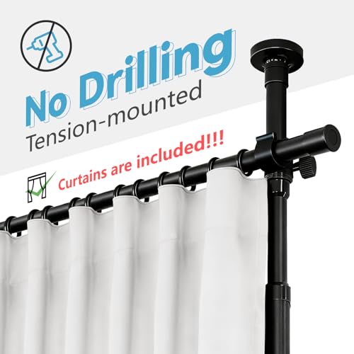 Image of JILRON No-Drill Divider for Room Separation Set: Includes 106 inch W x 96 inch L White Curtain & Adjustable Pole Brackets (35-100 inch W x 43-120 inch H Adjustable Range)