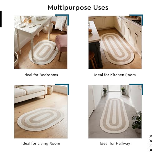 Image of Encasa XO Oval Braided Rug for Living Room & Bedroom | Cotton Blend Reversible Floor Carpet | Handwoven Natural Fiber Carpet | Washable Area Rug for Home Decor | Beige & Off-White (60x90 cm) | 2x3 Ft