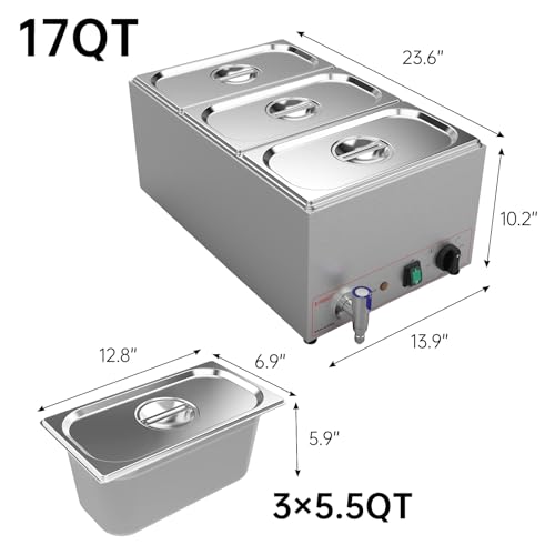 Valgus Edelstahl 3 Abschnitte 16L Bain Marie Speisenwärmer Elektrische Suppenwärmer Arbeitsplatte Steamer mit Deckel und Wasserhahn für Parteien, Bankett und Catering-Events – Bild 3