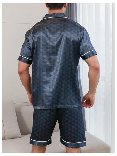 Men's 2 Piece Satin Pajama Set Triangular Printed Short Sleeve Button Down Shorts Pjs Sleepwear2