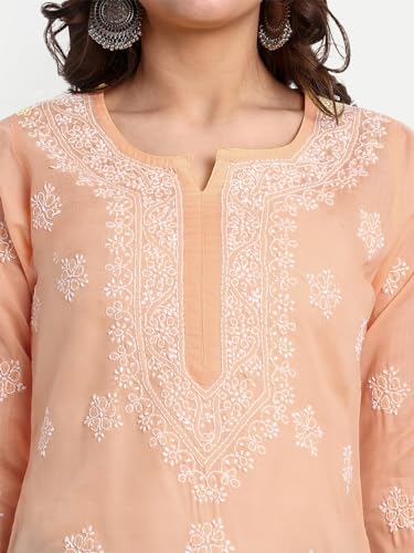 Image of Ada Hand Embroidered Lucknow Chikankari Straight Round Neck Cotton Blend Short Kurti Tunic Top for Women A911333
