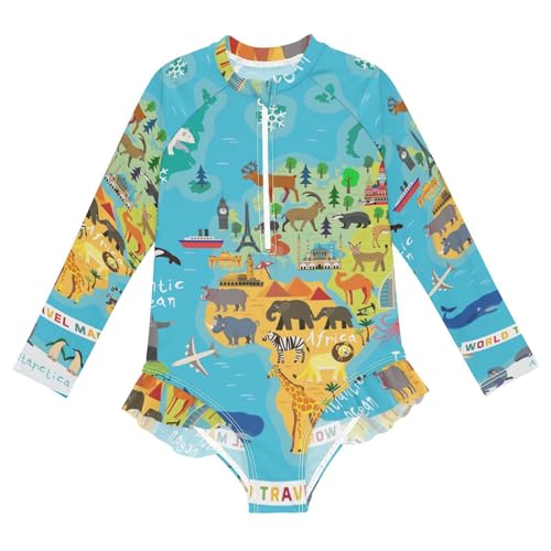 Girls One Piece Swimsuits Long Sleeve Swimsuit Zipper Bathing Suits Animal Map
