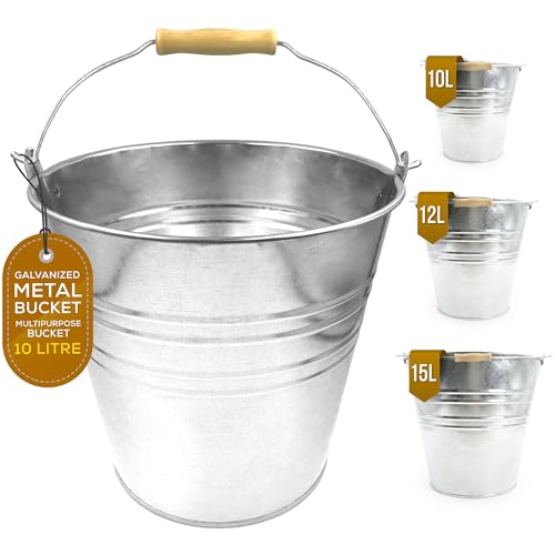 Strong Galvanized Metal Bucket Large Capacity 10L 12L 15L - Pack of 1 or 2 - Perfect for Water Fire Garden Ice Coal Cleaning etc (PACK OF 1 10L)